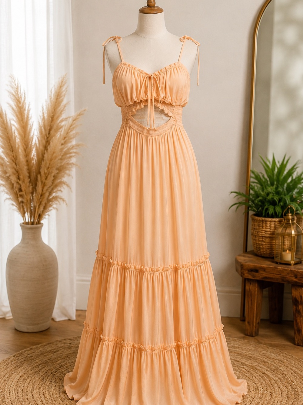 She + Sky size Large Peach Tie-Strap Cutout Maxi Dress